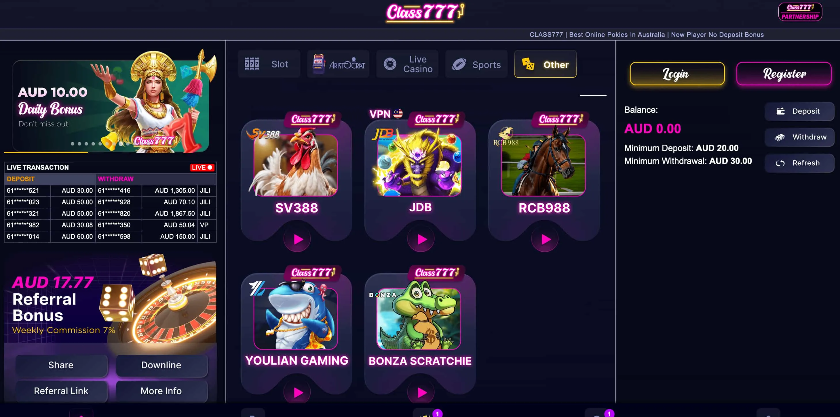Games and Pokies on Class 777